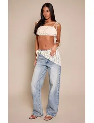 Tall Mid Blue Wash Crochet Scarf Detail Jeans