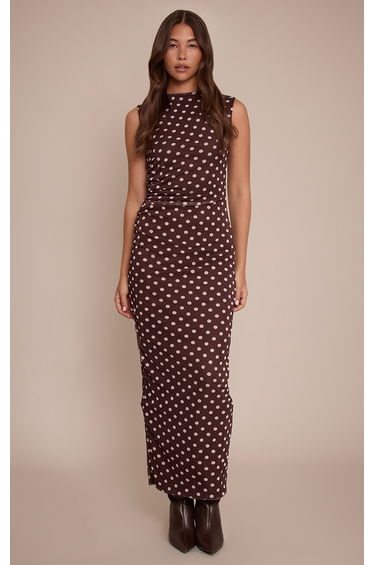 Brown Polka Dot Mesh Maxi Dress