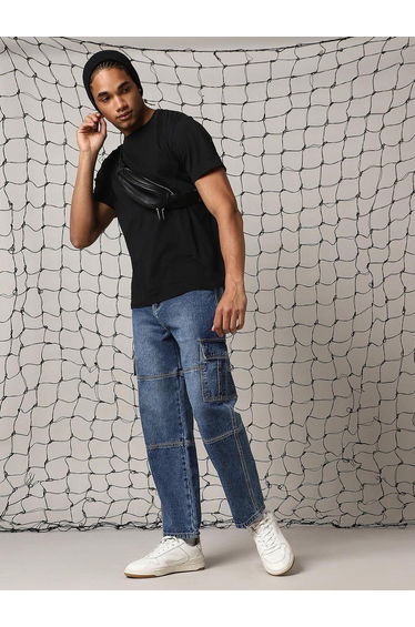 Mid Rise Faded Cargo Jeans