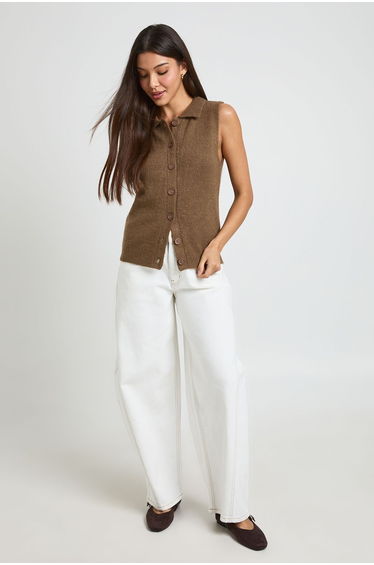 Soft Knit Collared Button Through Top - mocha