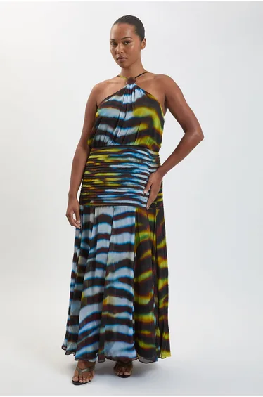 Plus Size Viscose Georgette Drop Hem Animal Print Woven Halterneck Maxi Dress