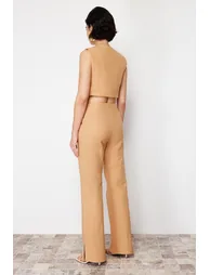 Camel Straight/Straight Fit Linen Woven Trousers - 6