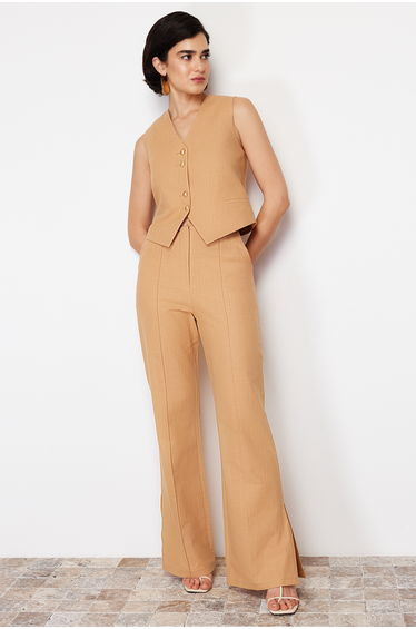 Camel Straight/Straight Fit Linen Woven Trousers