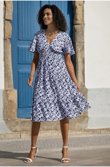 Yumi Blue Floral Ruched Waist Midi Dress With Angel Sleeves