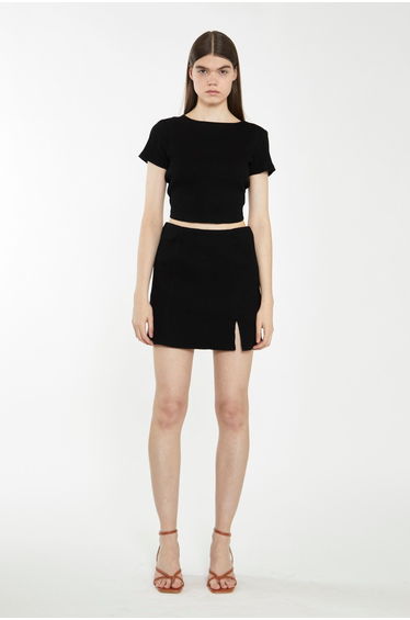 Black Column Mini Skirt with Slit