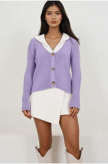 Women's Lilac Fur Collar Knitwear Cardigan