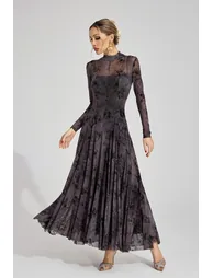 فستان كاتشال شيفون بني ماكسي على شكل حرف A بأكمام طويلة بطبعة أزهار - 5