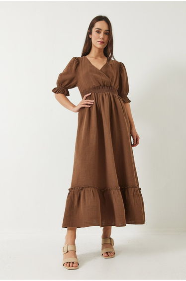 Women's Double Breasted Neckline Long Dress with Elastic Sleeves and Waist