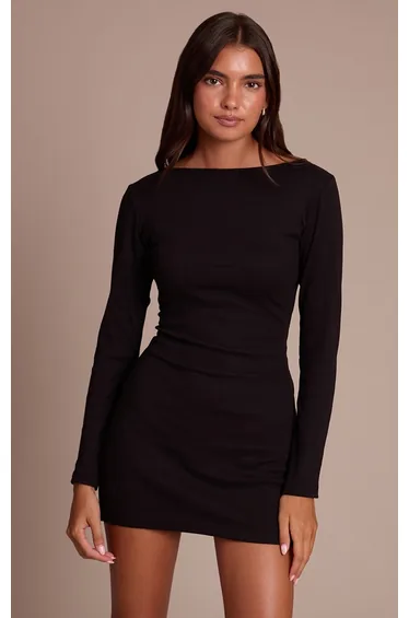 Black Ribbed Boat Neck Long Sleeve Bodycon Dress
