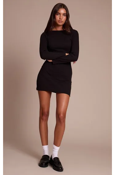 Black Ribbed Boat Neck Long Sleeve Bodycon Dress