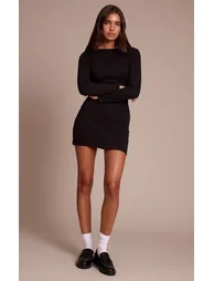 Black Ribbed Boat Neck Long Sleeve Bodycon Dress