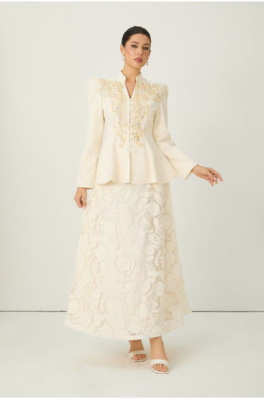 Tickets To Paradise Beige Floral Embellished Jacket & Skirt Set
