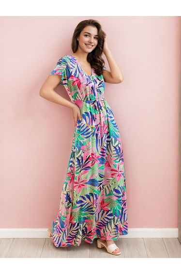 Tropical Print Short Sleeve Maxi Dress