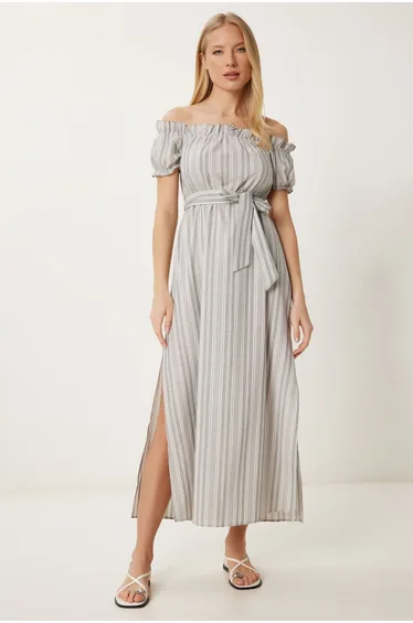 Women's Bone Gray Striped Off-The-Shoulder Summer Linen Dress