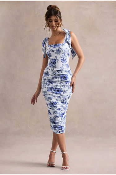 Cordelia | Floral Print Bodycon Midaxi Dress With Bow Straps