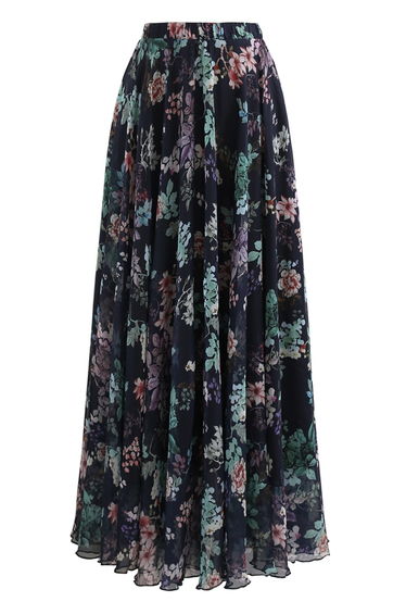 Exuberant Floral Chiffon Maxi Skirt in Navy