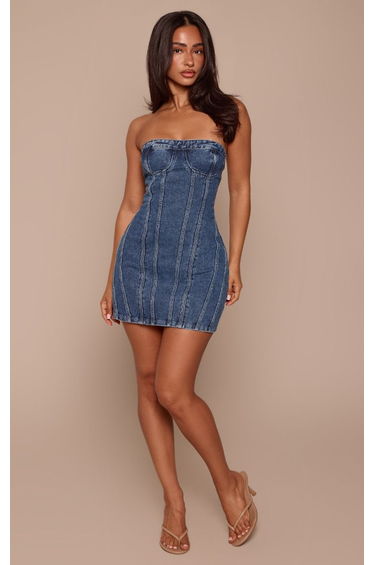 Petite Mid Blue Wash Seam Front Denim Mini Dress