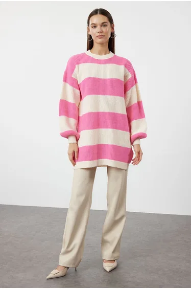 Pink Soft Textured Thessaloniki Knitwear Striped Sweater
