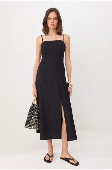 Black Straight A-Line Gipeli Maxi Woven Dress