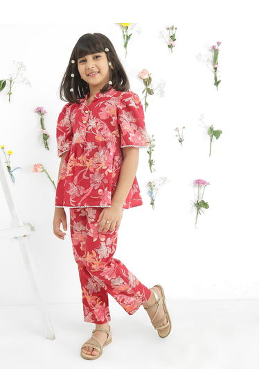 Girls Maroon Floral Print Tunic with Pants Set
