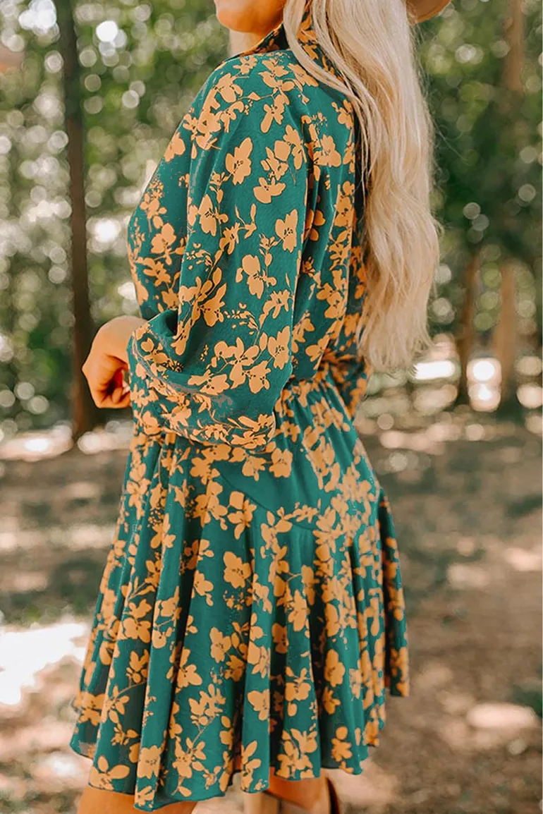 Lvness Green Floral Print Drawstring Tunic Flowy Short Dress - 2