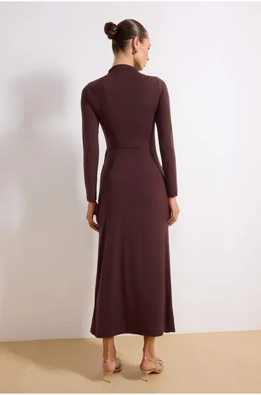 Brown Unlined Plain Knitted Buckle Detail Sandy Hijab Dress