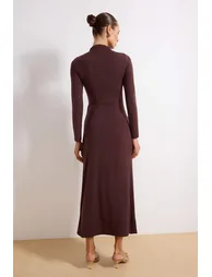 Brown Unlined Plain Knitted Buckle Detail Sandy Hijab Dress - 3
