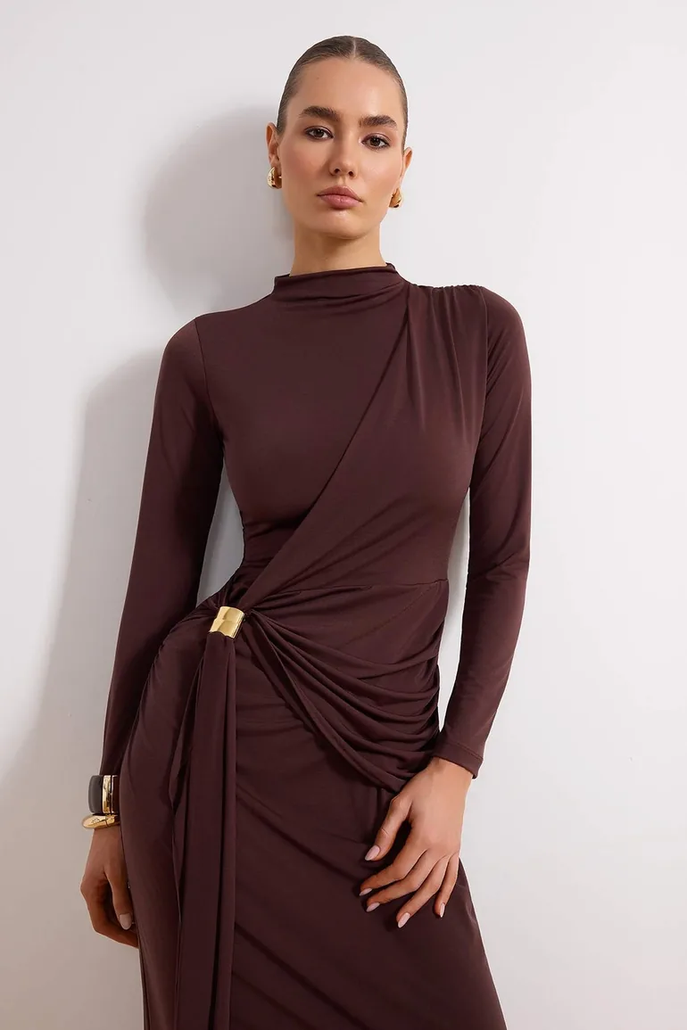 Brown Unlined Plain Knitted Buckle Detail Sandy Hijab Dress - 1