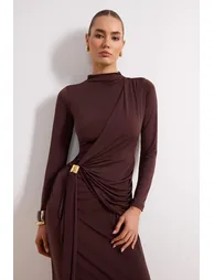 Brown Unlined Plain Knitted Buckle Detail Sandy Hijab Dress - 1