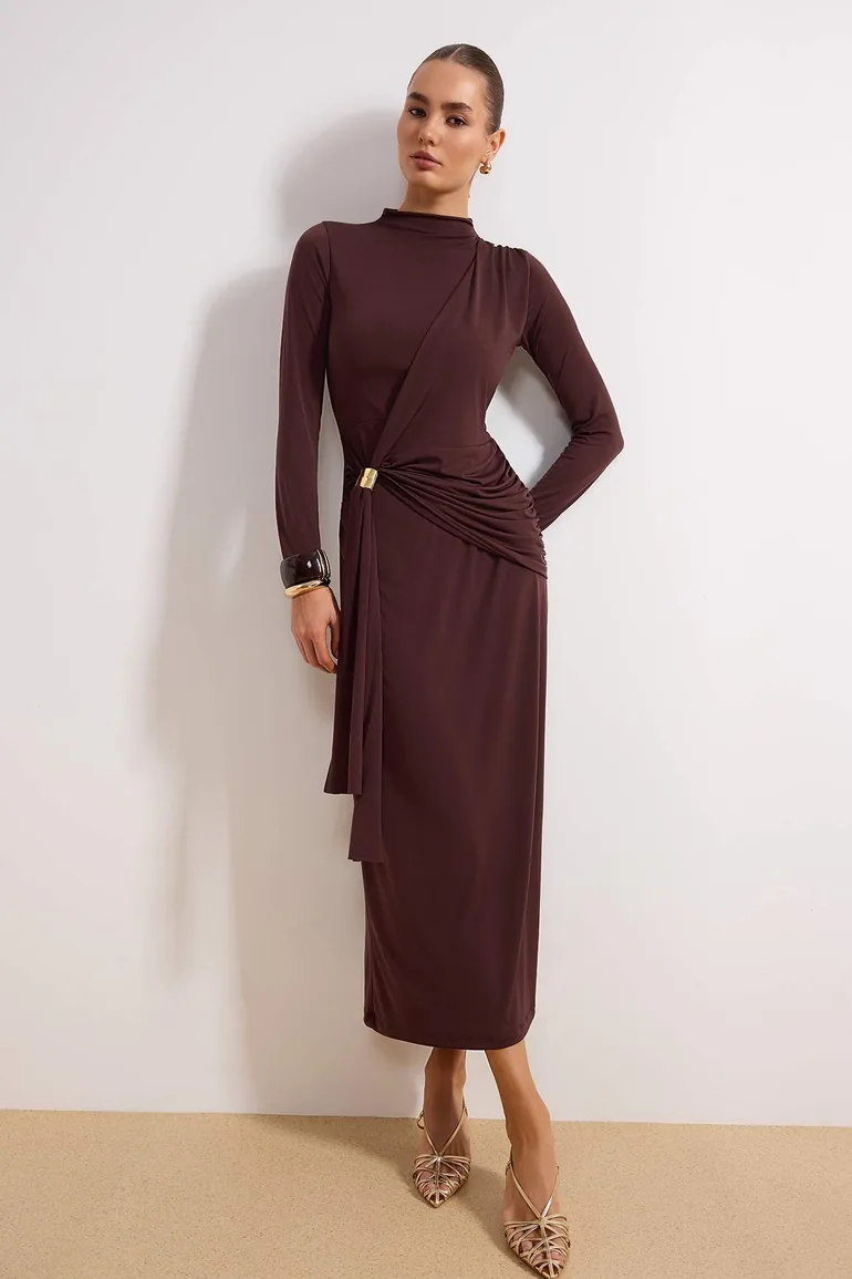 Brown Unlined Plain Knitted Buckle Detail Sandy Hijab Dress