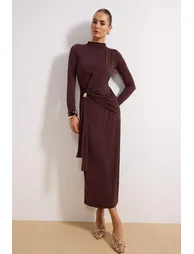 Brown Unlined Plain Knitted Buckle Detail Sandy Hijab Dress