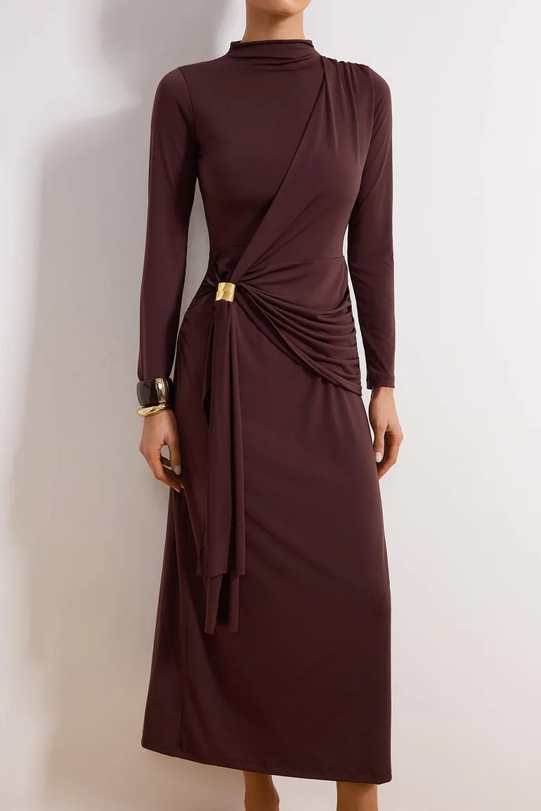 Brown Unlined Plain Knitted Buckle Detail Sandy Hijab Dress - 2