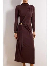 Brown Unlined Plain Knitted Buckle Detail Sandy Hijab Dress - 2
