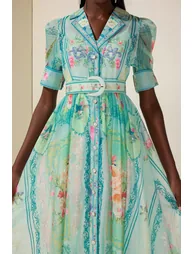 فستان جاردان فو قميص شيفون أزرق ماكسي على شكل حرف A بطبعة أزهار - 6