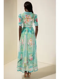 فستان جاردان فو قميص شيفون أزرق ماكسي على شكل حرف A بطبعة أزهار - 1
