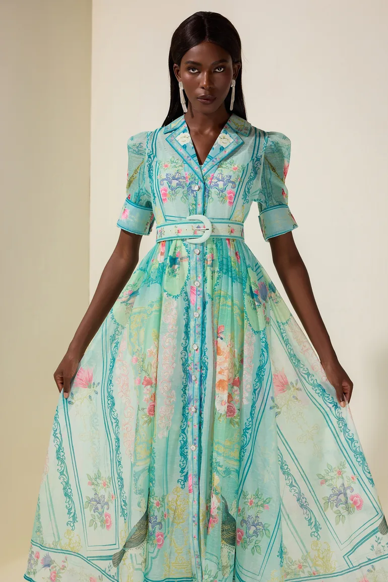 فستان جاردان فو قميص شيفون أزرق ماكسي على شكل حرف A بطبعة أزهار - 2