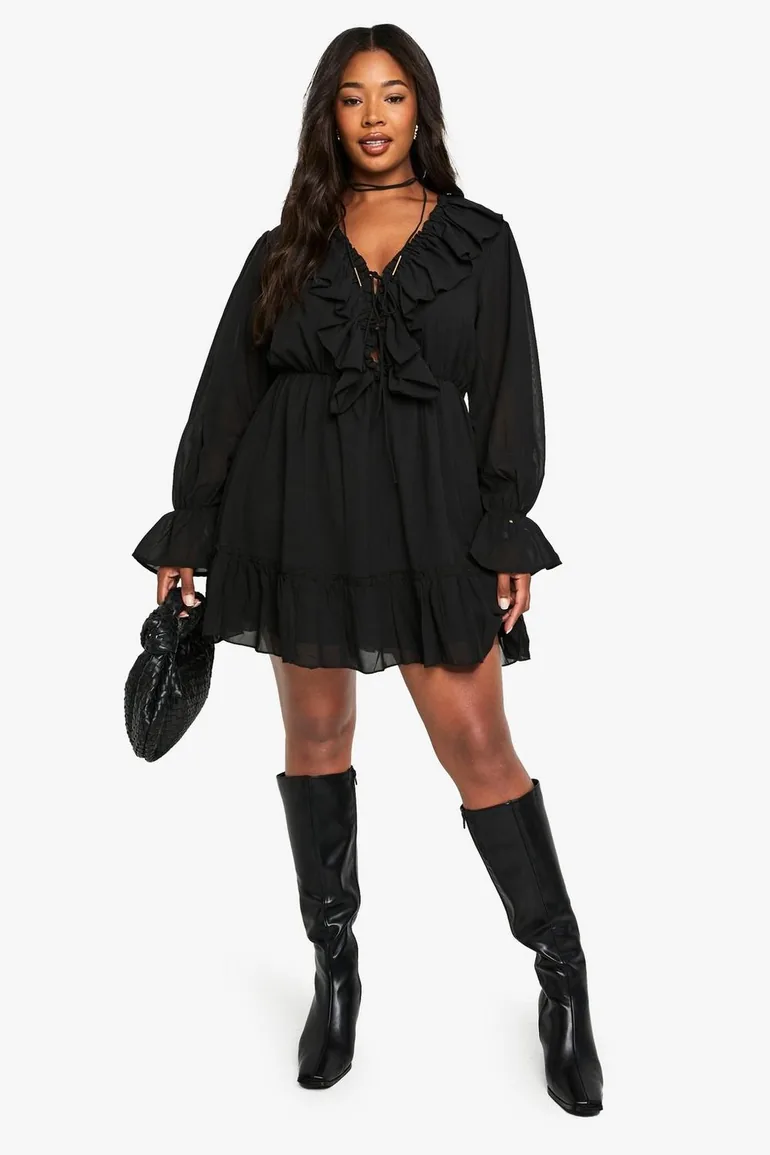 Plus Chiffon Long Sleeve Ruffle Dress - black Boohoo : Dresses : VogaCloset  Oman
