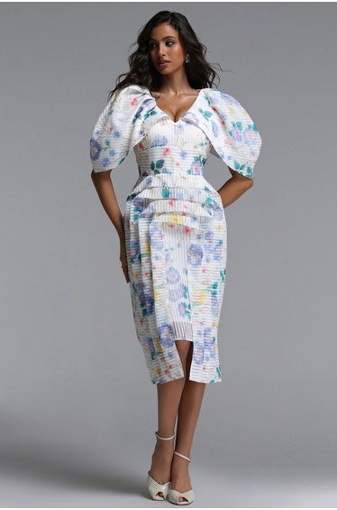 Wezal Chic Tailored Floral Print Stripe Woven Midi Dress