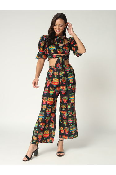Black Owl Print Crop Top and Wide Leg Pants Co-ords