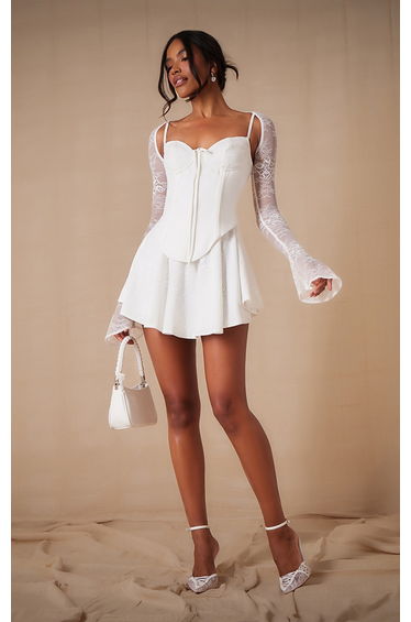 Premium White Lace Long Sleeve Cup Detail Dress