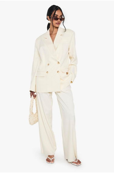 Woven Tailored Frayed Hem Wide Leg Trousers - ecru
