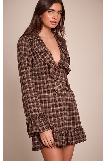 Brown Check Frill Long Sleeve Shift Mini Dress