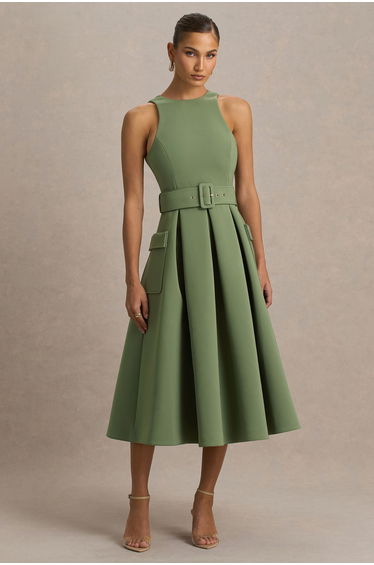 Elisia | Olive Crew-Neck Belted Midi Dress