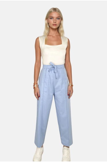 Women's Blue High Waist Front Grassed Double Pocket Linen Palazzo Trousers