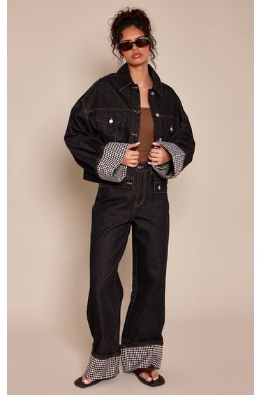 Raw Indigo Wash Gingham Turn Up Hem Denim Jeans