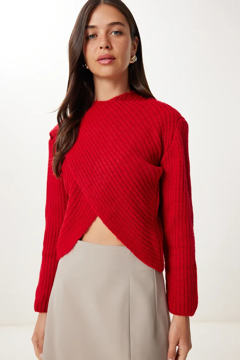 Women's Red Cross Detailed Ribbed Knit Sweater - 1