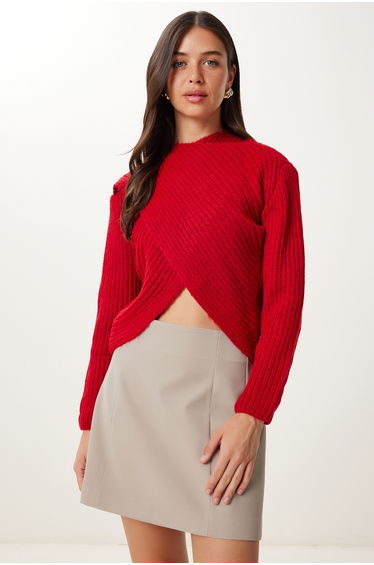Women's Red Cross Detailed Ribbed Knit Sweater