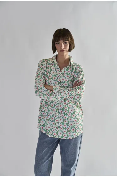 Green Daisy Collared Long Sleeve Tops