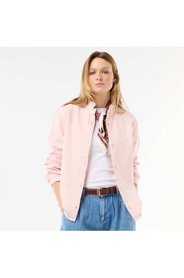 Denim Blouse with Ruffled Collar PINK