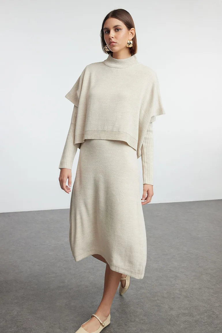 Shop Beige Plain Shift Midi Knitwear Dress Online in Oman